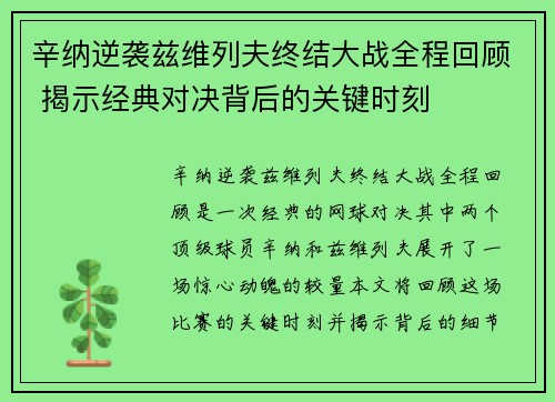 辛纳逆袭兹维列夫终结大战全程回顾 揭示经典对决背后的关键时刻